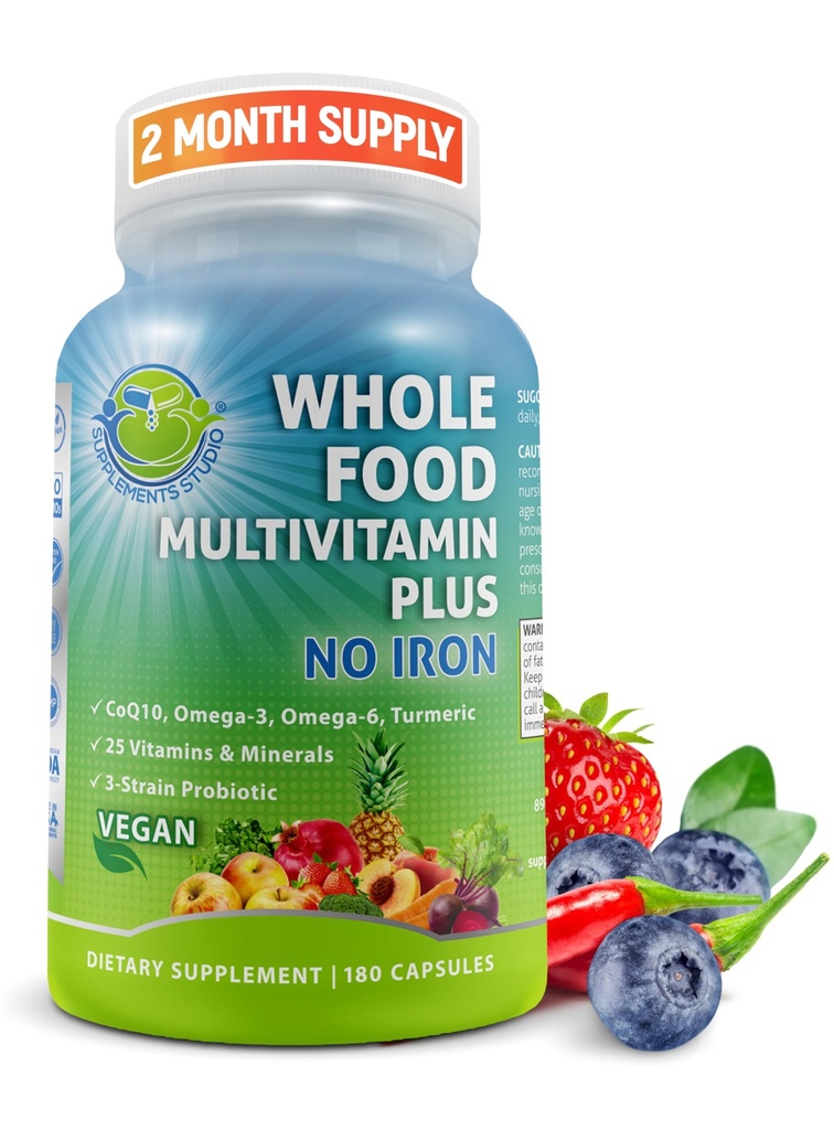 Vegan All Food Daily Multivitamin Without Iron, Methylovaný Multivitamin pro ženy a muže, Made with Fruits & Zelenina, B- Complex, Probiotika, Enzymy, CoQ10, Omegas, Turmeric, Non- GMO, 180 Počet