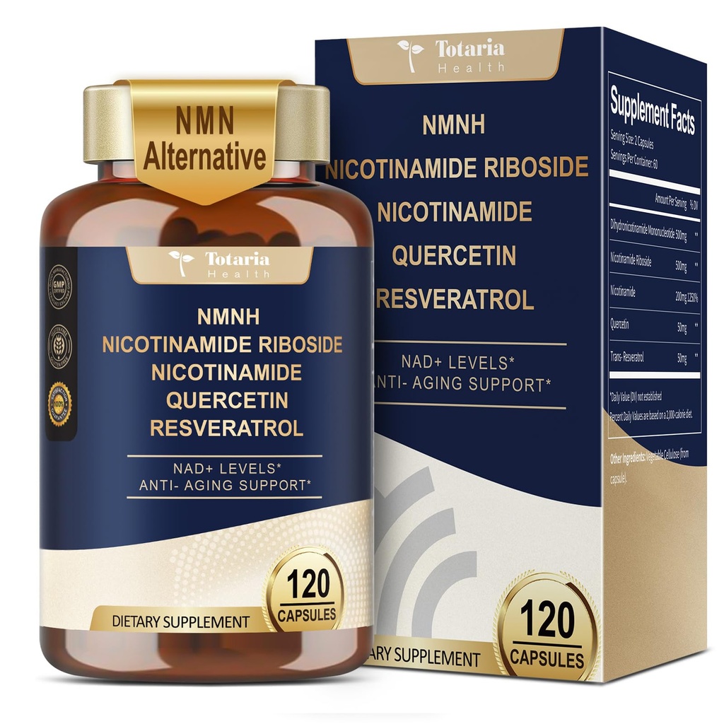 Totaria NMNH (Dihydronicotinamid Mononukleotid), NMN Alternativní doplněk w / Niacinamid (Vitamin B3), Quercetin, Trans- Resveratrol, Podpora NAD +, Kožní buňky zdraví *, Anti- Aging & Energy, 120 Caps
