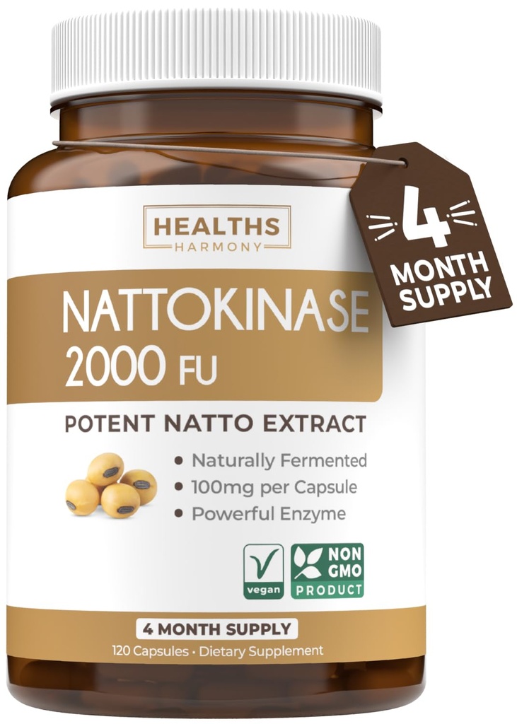 Zdravotní Harmony Nattokinase 2000 FU (Non- GMO) Výkonný doplněk Nattokinázy Vyrobeno z přirozeně fermentovaných sójových bobů - (4 měsíce dodávky) 120 Vegan Natto Kapsle