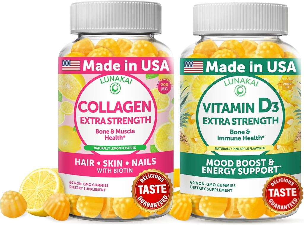 Lunakai Collagen a vitamin D3 Gummies Bundle - Non- GMO proti stárnutí doplňky pro muže a ženy - Imunita, Kost a Mood Support Gummy pro dospělé - 30 dní dodávky