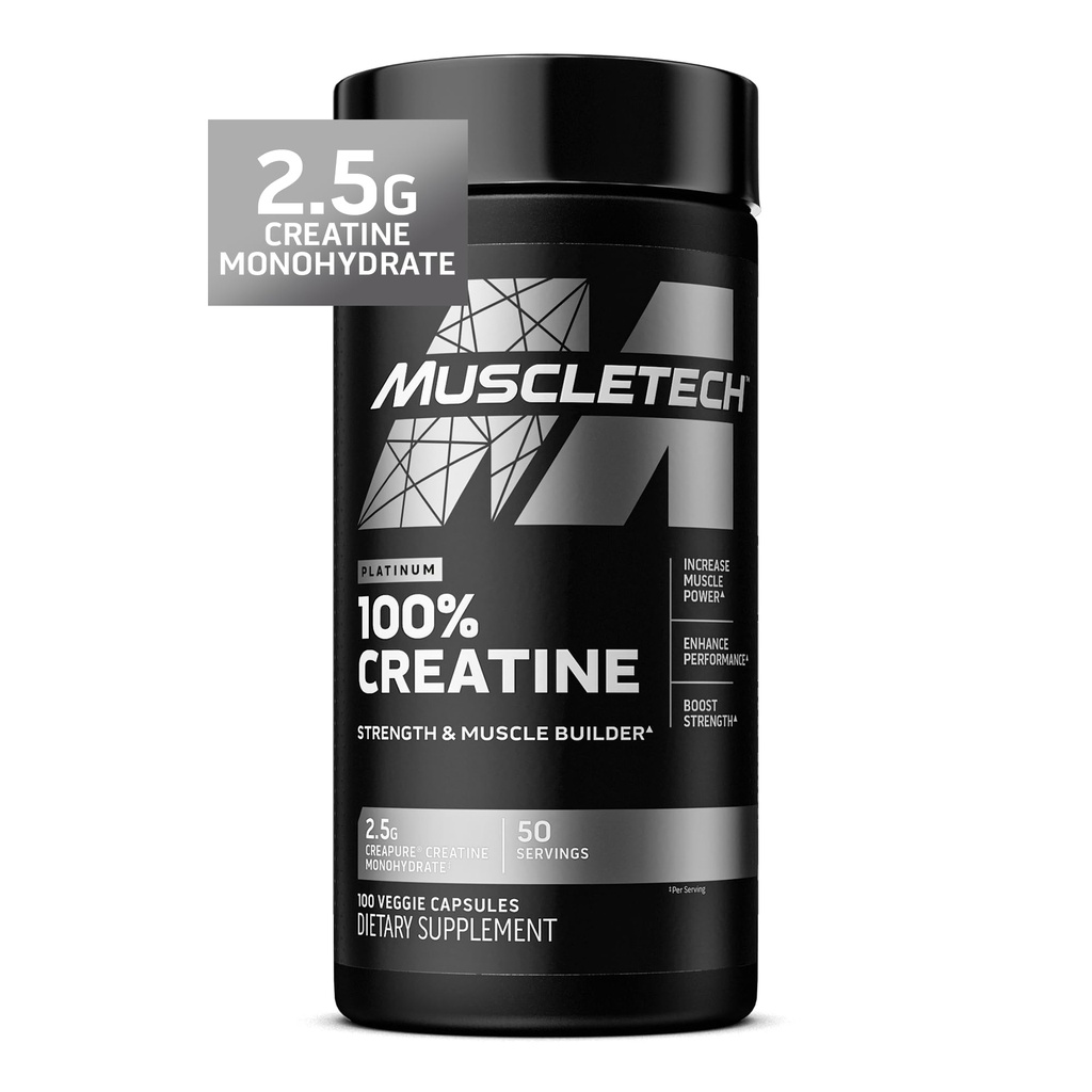 MuscleTech Platinum Creatine Monohydrát Kapsle - Creapure Creamine Pre & Post Workout Muscle Builder, Muscle Recovery & Energy Boosting Dodatek pro muže a ženy - 100 Veggie pilulky