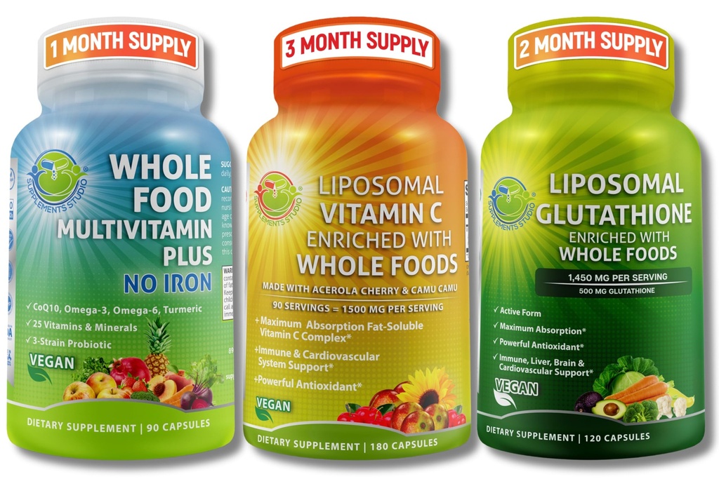 Imunitní a denní Wellness Support Bundle pro ženy a muže - Liposomální vitamin C 1500mg + Vegan celé jídlo Multivitamin No Iron + Liposomal Glutathione 500mg - Vegan, Non- GMO, Čistá denní Wellness podpora