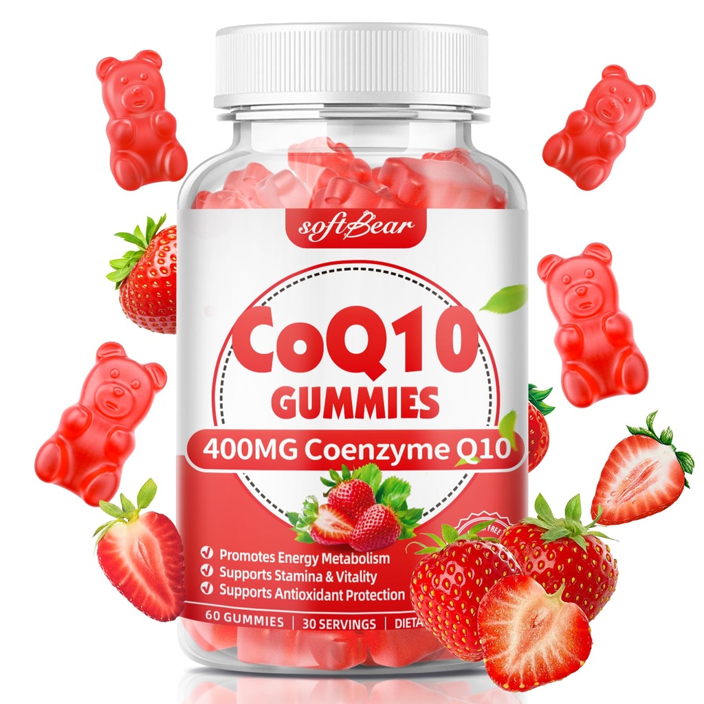 softbear CoQ10 Gummies 400mg Coenzym Q10 dodatek pro dospělé, High Absorption coq10 Plus Omega-3, hořčík, vitamin B3 & zinek pro celulární energii a antioxidant, Strawberry Flavor 60 Počet