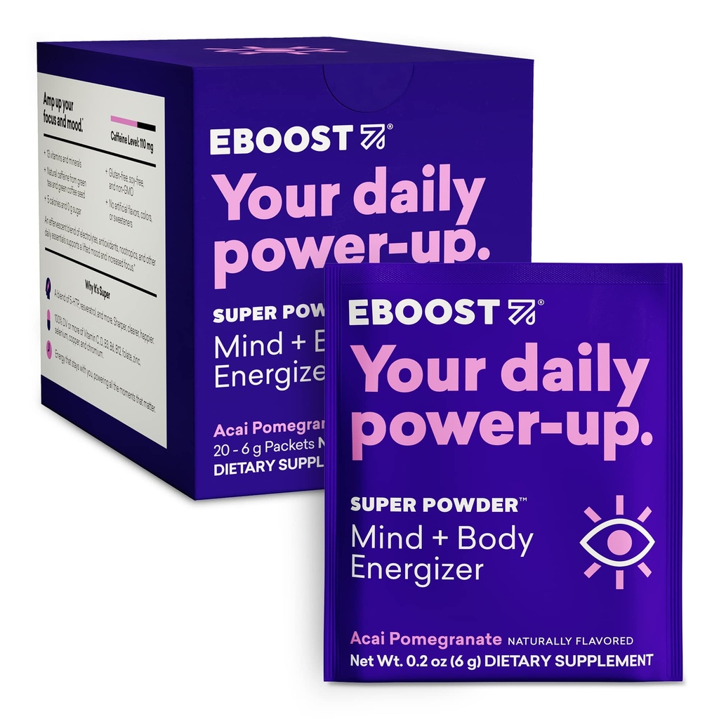 EBOOST Super Energy Powder Drink Mix, Non- GMO Electrolyte Supplement Non- GMO Doplněn vitamíny (Acai Pomegranate), 0.2 Ounce (balení po 20)