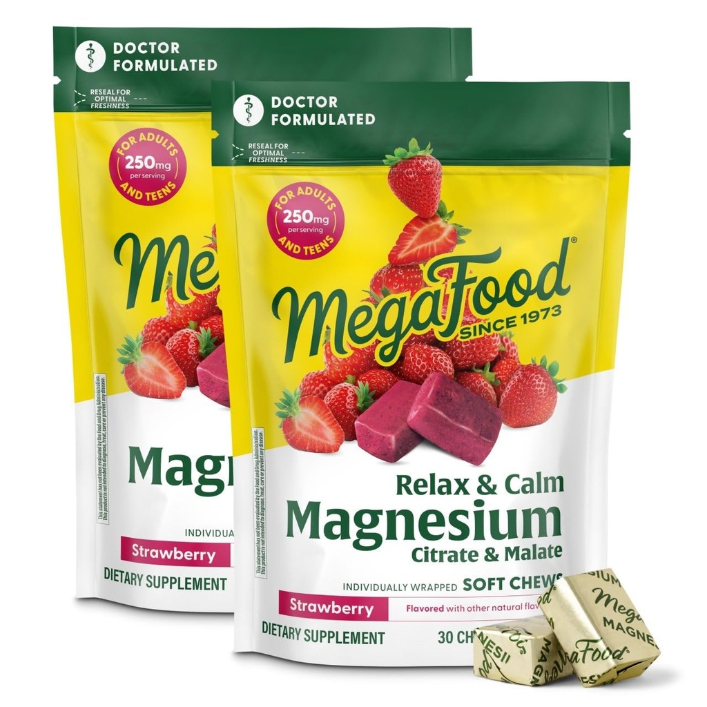MegaFood Relax + Calm Magnesium Supplement - Měkké Chews s hořčíkem Citrát & Malate for Heart Health, Muscle Tension & More - Vegetarian - Strawberry Flavor - 30 Chews per Pack (2 Pack)