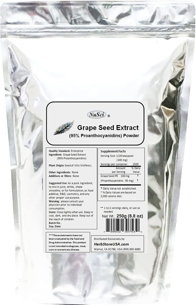 Grape Seed (Europe) Extract Powder Standardized 95% Proanthocyanidins OPC (250 Grams (8.8 oz)) Europe Grown GMO Free Non- Ozářené