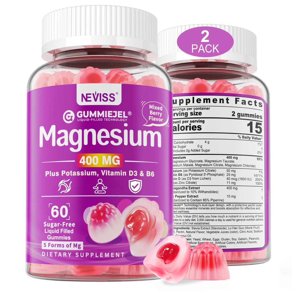 Sugar- Free Magnesium Gummies 400mg CLAS124; 5- in-1 Complex Magnesium: Glycinát, Citrát, Malate, Chlorid & Taurate CLAS124; s Ashwagandha, Vitamin D3 & Zinek CLAS124; Klid, Mood & Energy Support CLAS124; Vegan, 2-Pack