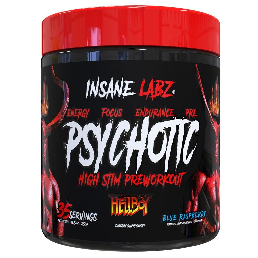 Šílený Labz Hellboy Edition, High Stimulant Pre Workout Powder and NO Booster with Beta Alanine, L Citruline, and Caffeine, Boosts Focus, Energy, Endurance, Nitric Oxide Levels, 35 Srvgs, Blue Rasp
