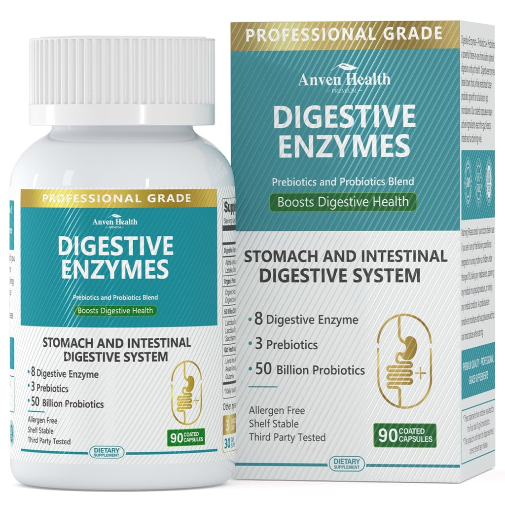 800mg trávicí enzymy pro muže a ženy s probiotikou a organickou prebiotikou, 8 klíčových enzymů, proteáza, amyláza a lipáza pro nadýmání, útlum plynu, non- GMO 124; 90 Kapsle