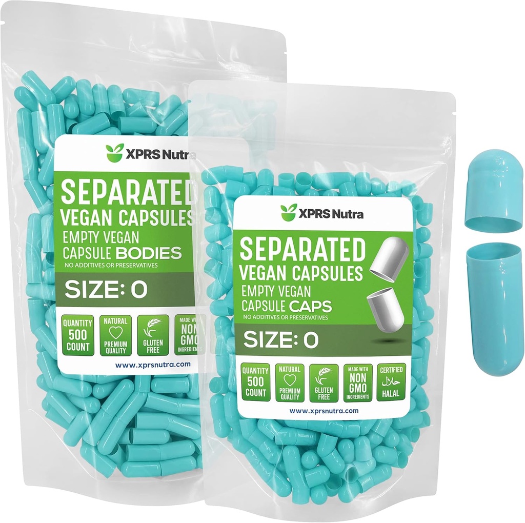XPRS Nutra Vegan Size 0 Separated Capsules - 500 Count Premium Prázdné kapsle Separated in Bags - Pills 0 Prázdné pro DIY Supplement Filling (Aqua)