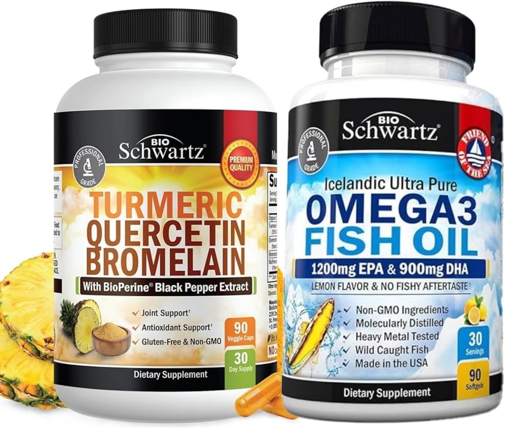 Turmeric Quercetin s doplňkem Bromelain (1 měsíční dodávka) Plus Triple Strength Omega 3 Fish Oil (1 měsíční dodávka)