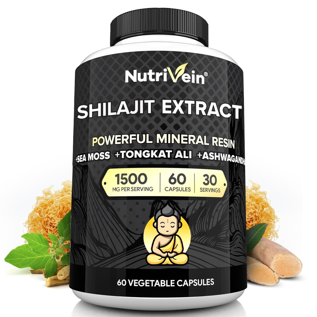 Nutriveral Premium Pure Himalayan Shilajit pro muže a ženy - 1500 mg - 60 Capsules - Výkonný Resin Extract smíchaný s Irish Sea Moss, Tongkat Ali, & Ashwagandha - Vitality, Clarity, & Performance