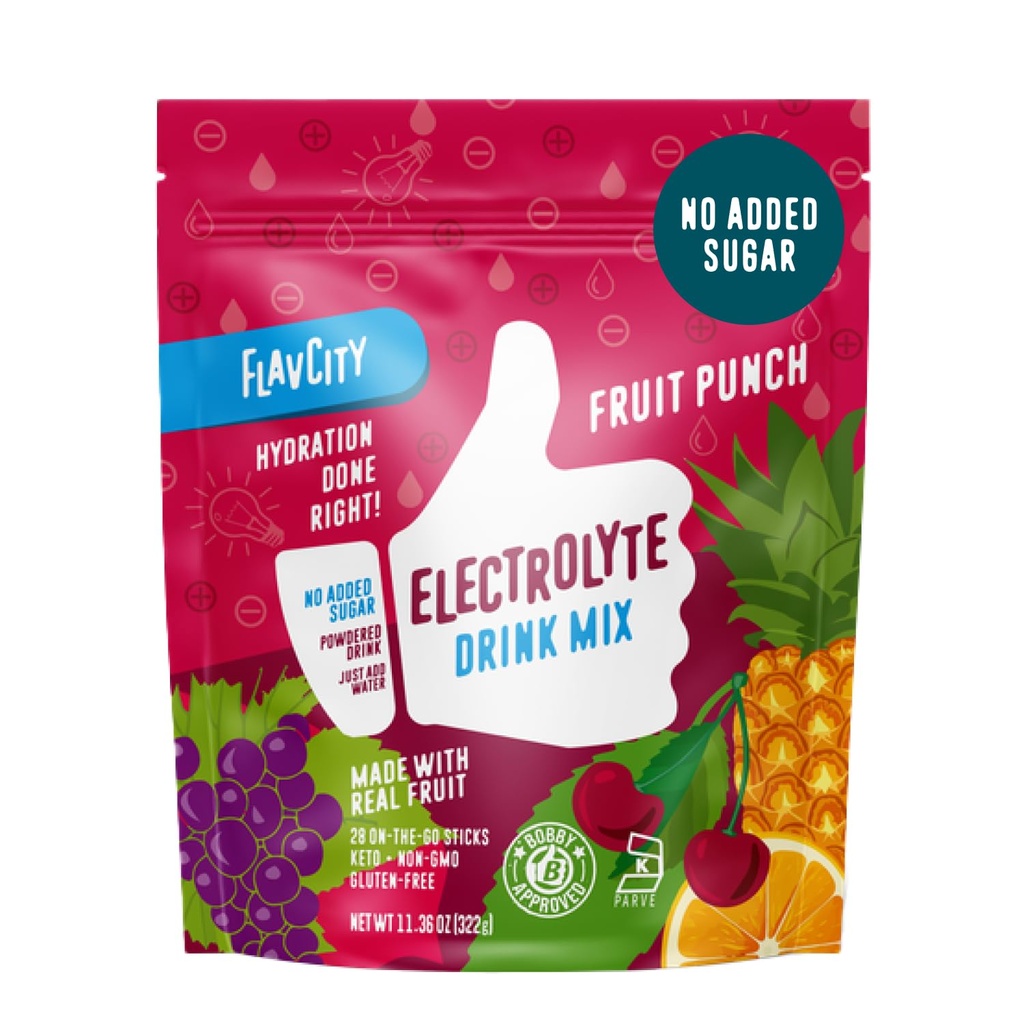 FlavCity Fruit Punch Electrolytes Powder Packets - 28 Hydration Packets - No Add Sugar - Hydration Powder with Real Fruit & Unrafined Sea Salt - Keto & Gluten- Free (28 Stick Packs)