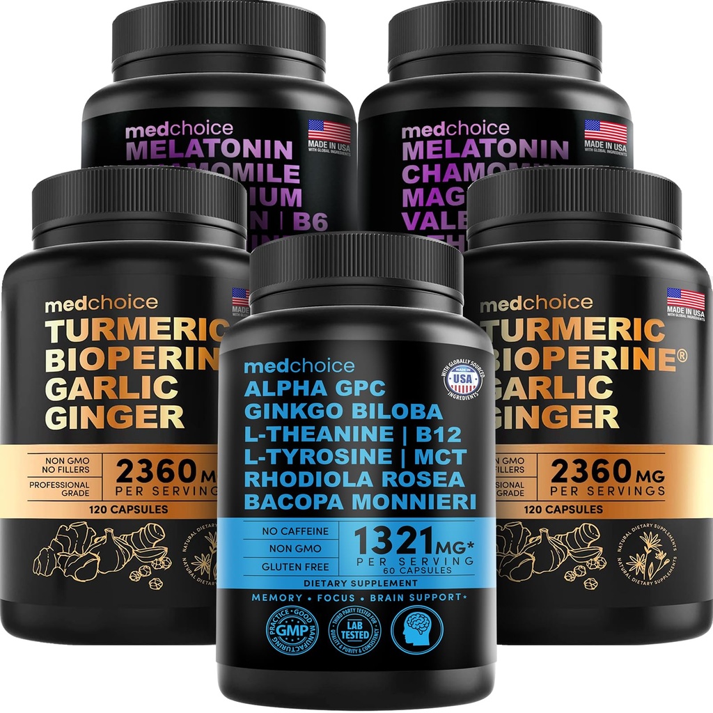 MEDCHOICE Turmeric & Ginger (240ct), Sleep Melatonin (180ct), a Nootropní Brain (60ct) Doplněk Bundle - Wellness Trio pro mozek, spánek, & imunitní podpora - Vegan, Non- GMO, gluten- zdarma