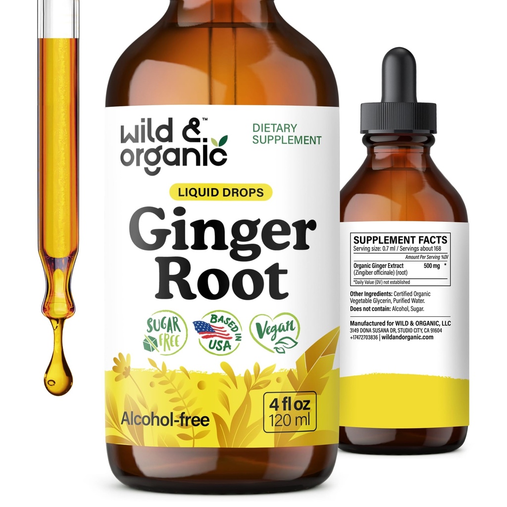 Extrakční kapky Wild & Organic Ginger Root - Imunitní a trávicí podpora - Tekuté zázvorové doplňky - Vegan, Cukr & Alcohol- Volný tinktura - 4 fl oz