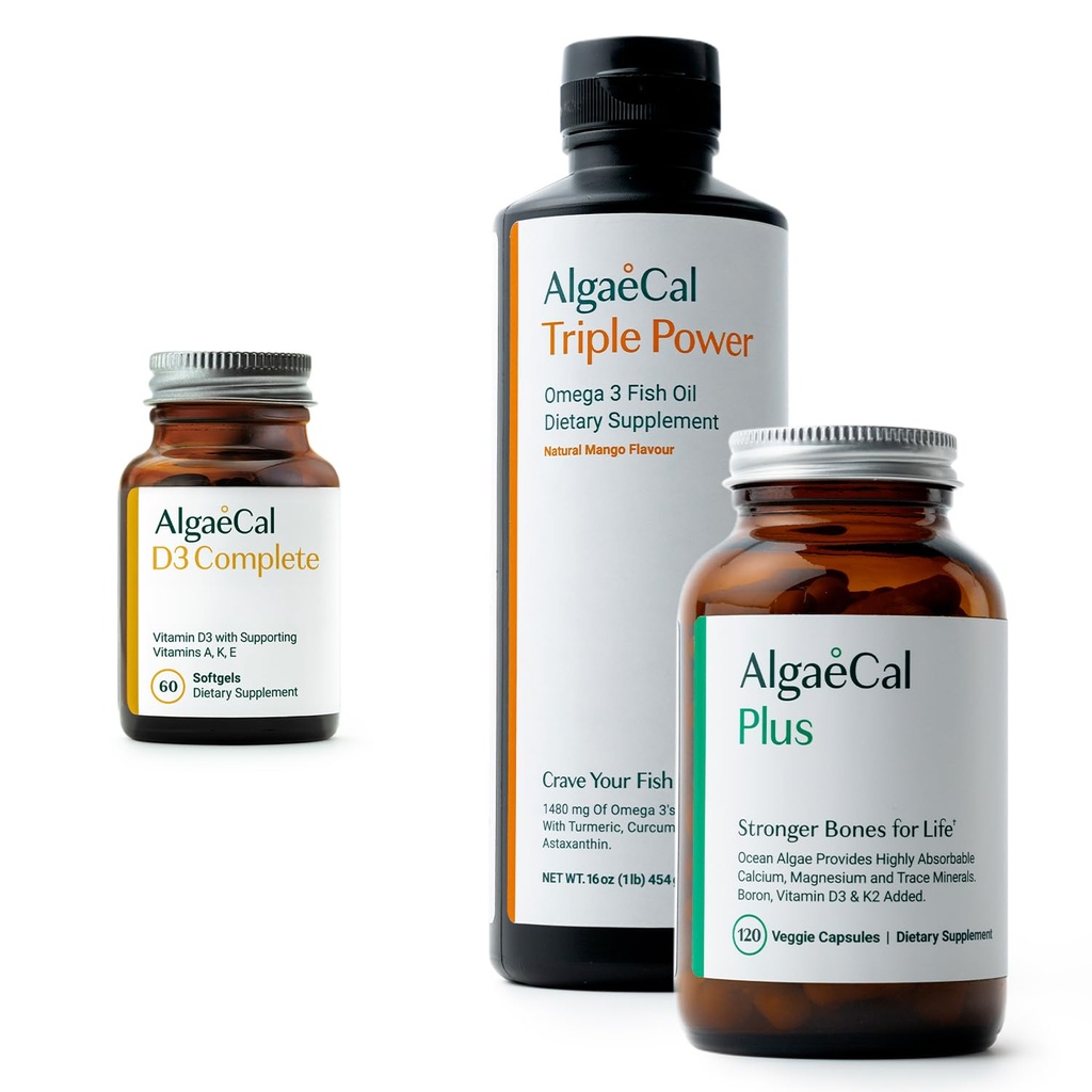 ALGAECAL Bundle - Vitamin D3 Complete (1000 IU) + vitaminy K2, E & A & Plant- Based vápník pro silnější kosti a rybí olej Omega 3 1200mg EPA DHA