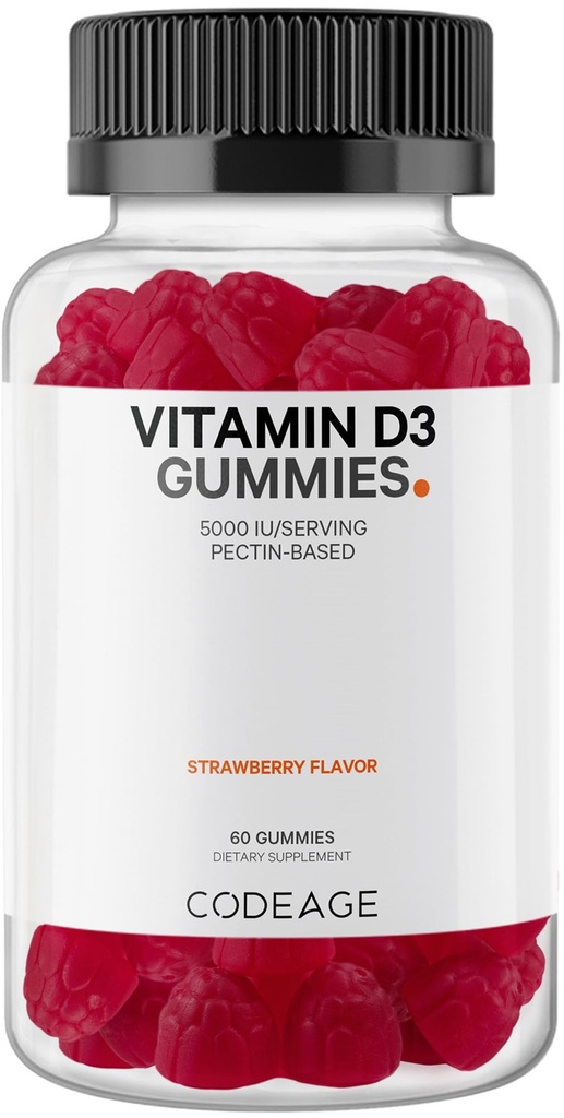 Codeage Vitamin D3 Gummy Vitamíny, Vitamin D3 5000 IU Gummies Cholekalciferol 125 mcg - 2-Month Supply - Soft Pectin- based, Animal Gelatin- Free Vitamíny Gummy, Jahoda, Gluten- Free - 60 Gummies