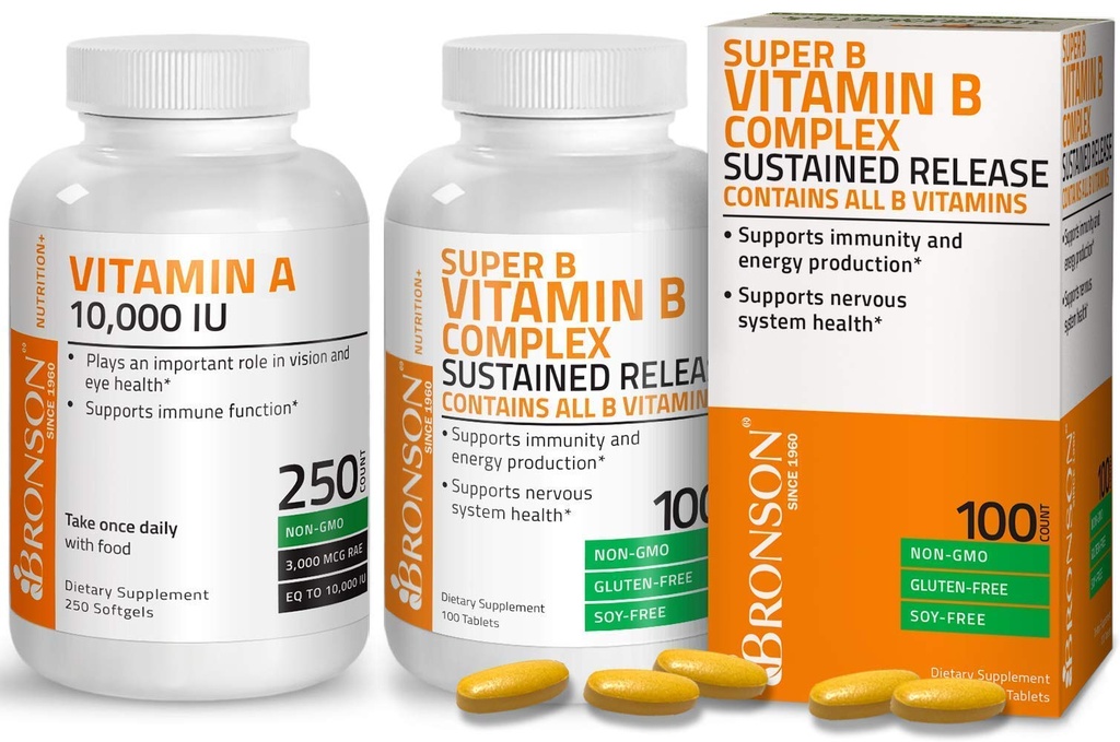 Bronson Super B vitamin B komplex setrvalé pomalé uvolňování + vitamín A 10,000 IU Premium non-GMO vzorec