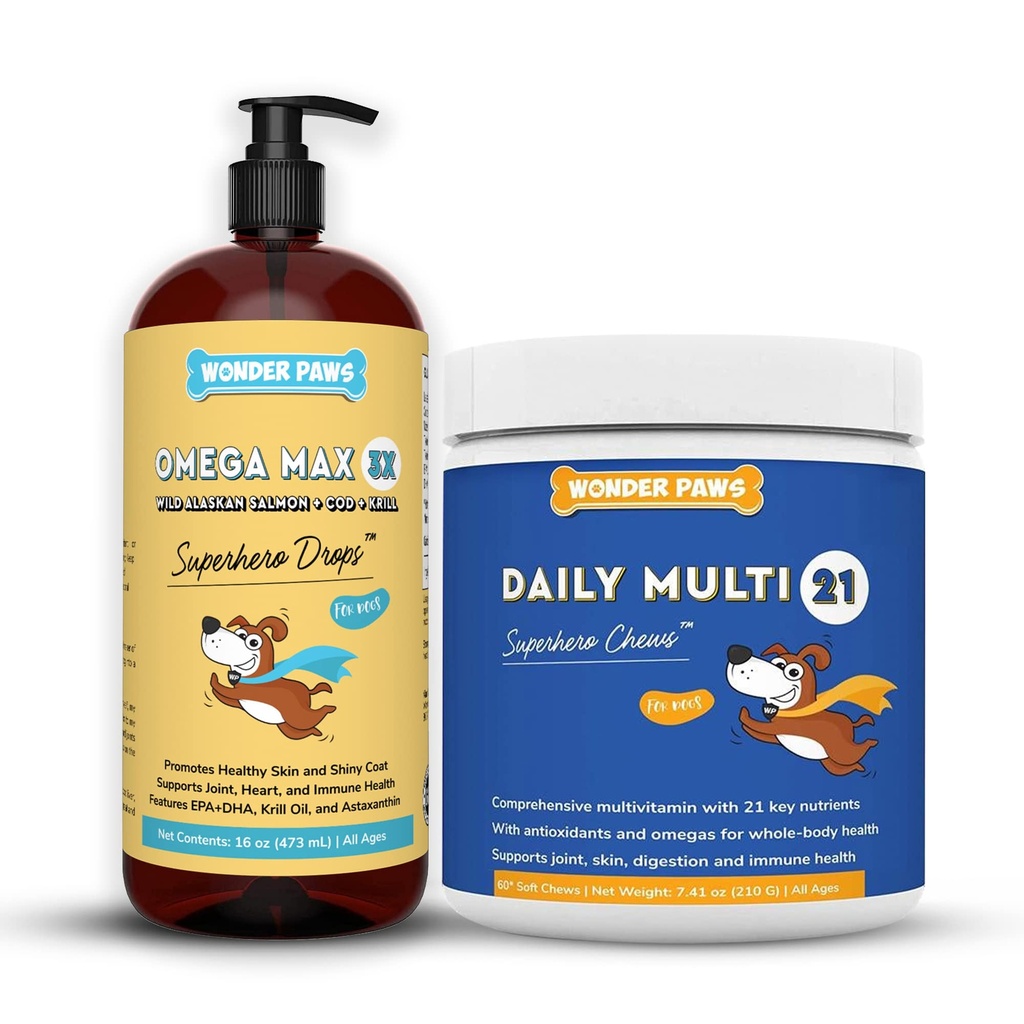 WONDER PAWS Omega Max Fish Oil Plus Daily Multivitamin Chews - pro Psí společné zdraví, Kožní vlhkost, Podpora imunitního systému & Daily Wellness - Omega Max 16 Ounces - Multivitamin 60 Chews