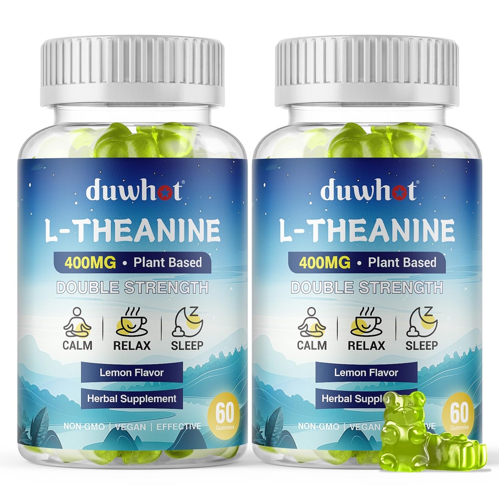 L- Theanine Gummies 400mg, Žvýkací Theanine Dodatek pro dospělé a děti 4 +, Přírodní stres Relief, zzZ & Focus Dodatek, Vegan, Nízký cukr, Non- Drowsy, Lemon Flavor, 120 Chewables