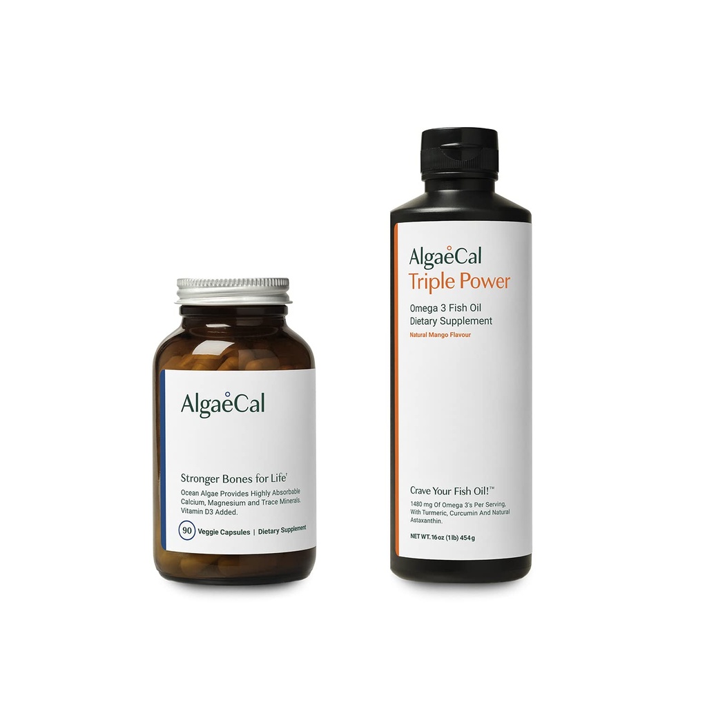 AlgaeCal Bundle - Příplatek vápníku na bázi rostlin s vitaminem D3 pro zdraví kostí a sílu & Triple Power Omega-3 Fish Oil Natural Liquid Emulsion s EPA & DHA, Kurkumin, Astaxanthin