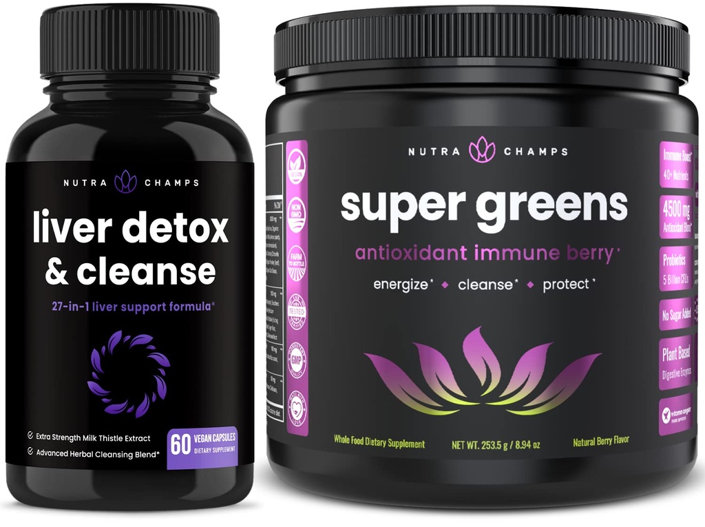 NutraChamps Vyčištění jater Detox Kapsle a Super Green Antioxidant Superfood Powder Bundle