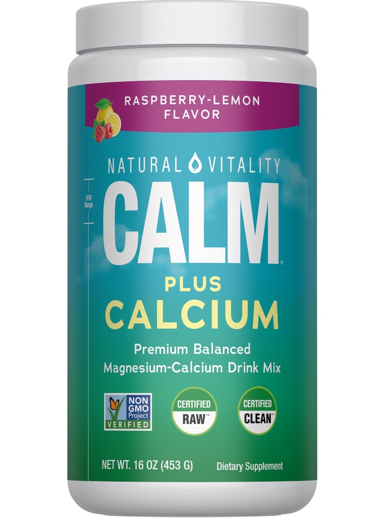 Natural Vitality klid, hořčík a vápník dodatek, Drink Mix prášek podporuje zdravou reakci na stres, gluten zdarma, Vegan, & Non- GMO, Malina Lemon, 16 oz