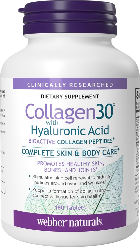 Webber Naturals Collagen30 s hyaluronickou kyselinou, Bioactive Collagen Peptides, 180 Tablety, Pomáhá snížit oční vrásky a jemné lícní linie, Non GMO