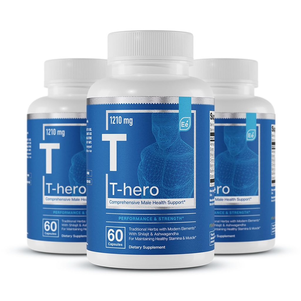 Základní prvky mužský doplněk zdraví - Muscle Support & T-Health with DIM, Ashwagandha, Shilajit, Více 124; T-Hero 60 Vegan Kapsle (3-Pack)