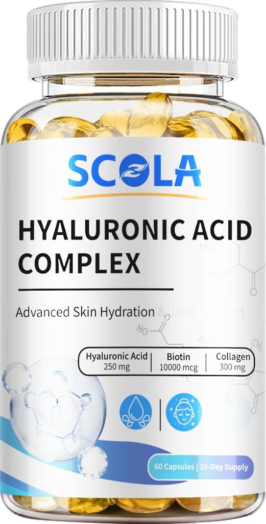 SCOLA Hyaluronic Acid Capsules - 250mg HA + 10,000mcg Biotin, 60 Vegan Kapsle 124; Deep Hydration, Vlasy a nehtové podpůrné kapsle 124; Non- GMO Formule