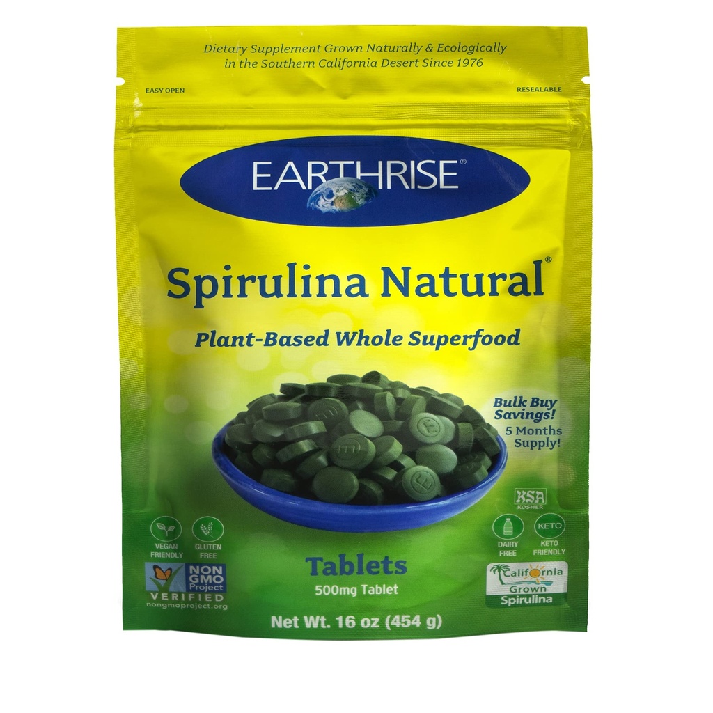 Earthrise Spirulina, Pure California Spirulina 500 mg, Vegan, gluten Free, Keto Friendly, Non-GMO Super Food high in Vitamíny & Minerály., 1 LB tablety (150 Serving)