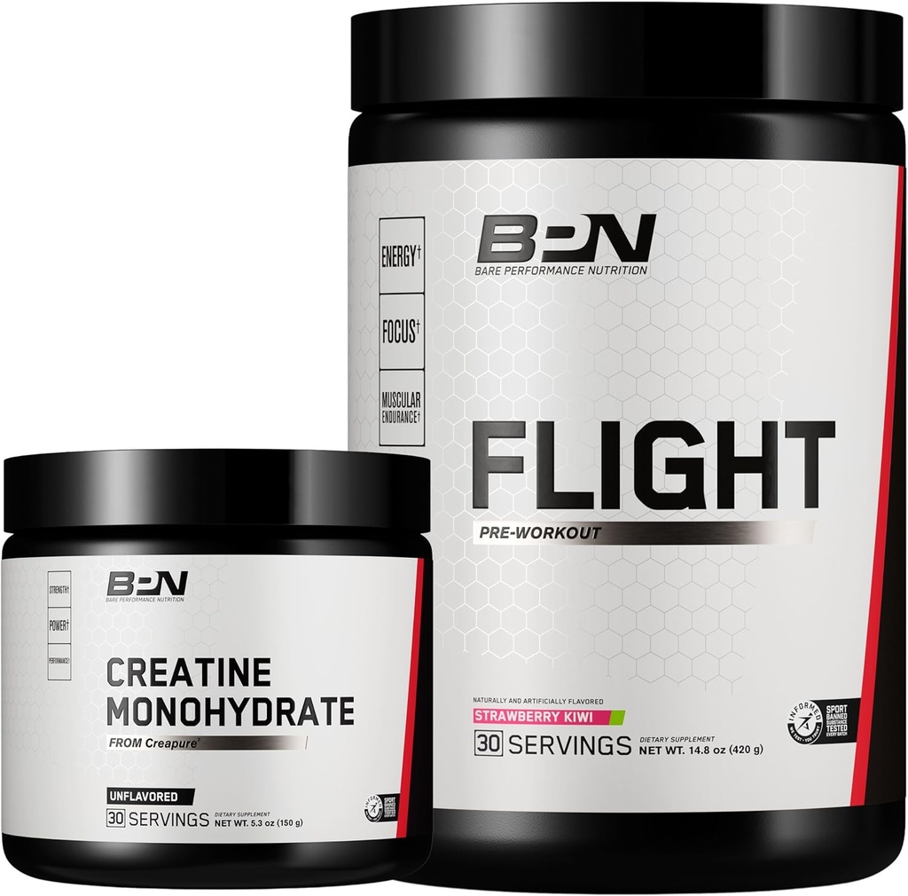 BARE VÝKONNOST VÝPOČET BPN Creatine Monohydrát & Flight Pre Workout (Strawberry Kiwi) Bundle