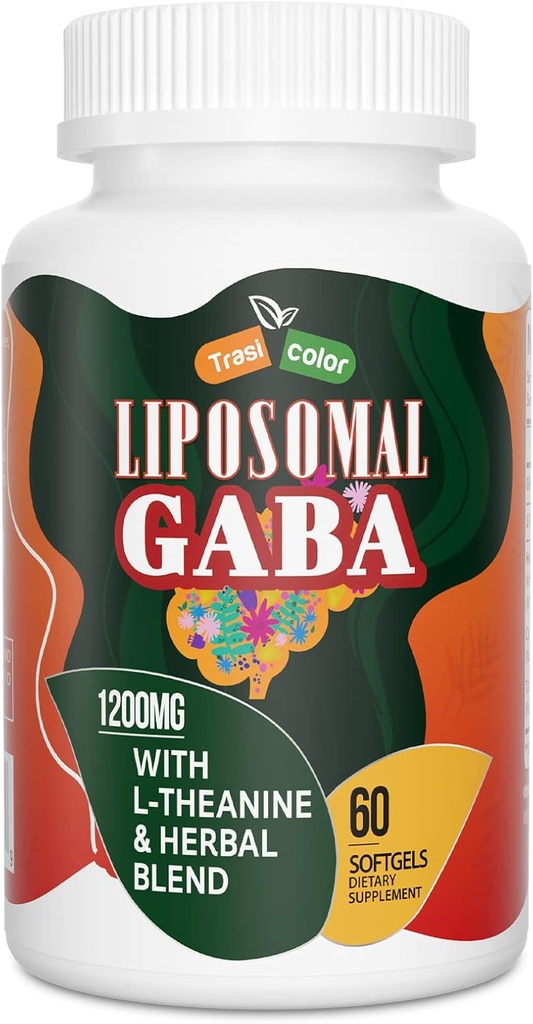 Lipozomální GABA s L- Theanine doplňky 1200mg - High Absorption GABA Complex s Ashwagandha, Heřmánek, Tart Cherry Bylinné doplňky pro muže a ženy, 60 Softgels