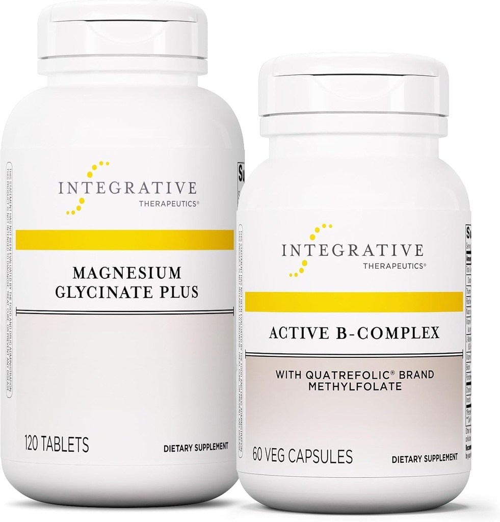 Integrační terapeutika Bundle s aktivní B- Complex, 60 Kapsle & Magnesium Glycinate Plus, 120 Tablety - Aktivní B- Complex na podporu energetického metabolismu * - Podpora zdraví mozku, srdce zdraví & nerve