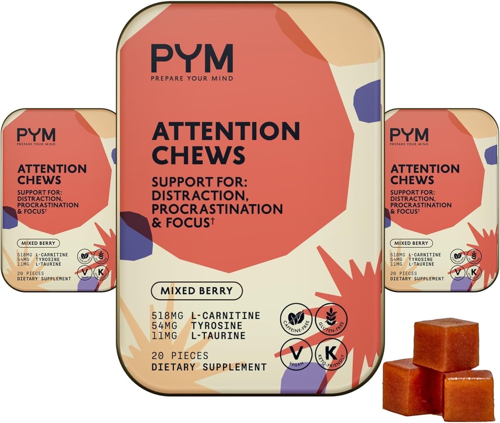 PYM Pozor Žvýkací podpora pro prokrastinace, Focus & Productivity, 60 Počet 124; 518mg L- karnitin, 54mg tyrosin, 11mg L- Taurin - Caffeine- Free 124; All- Natural Mood Boost Dodatek Vyrobeno v USA