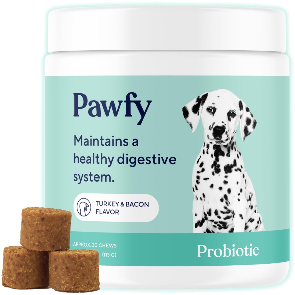 Pawfy Probiotika pro psy CZ124; Podporuje trávicí zdraví, Průjem pro malé, velké psy CZ124; Zlepšuje Gut zdraví CZ124; Anti kvasinkové doplňky CZ124; Kožní zdraví Sezónní Alergie Podpora - 30 Žvýkačky (Bacon)