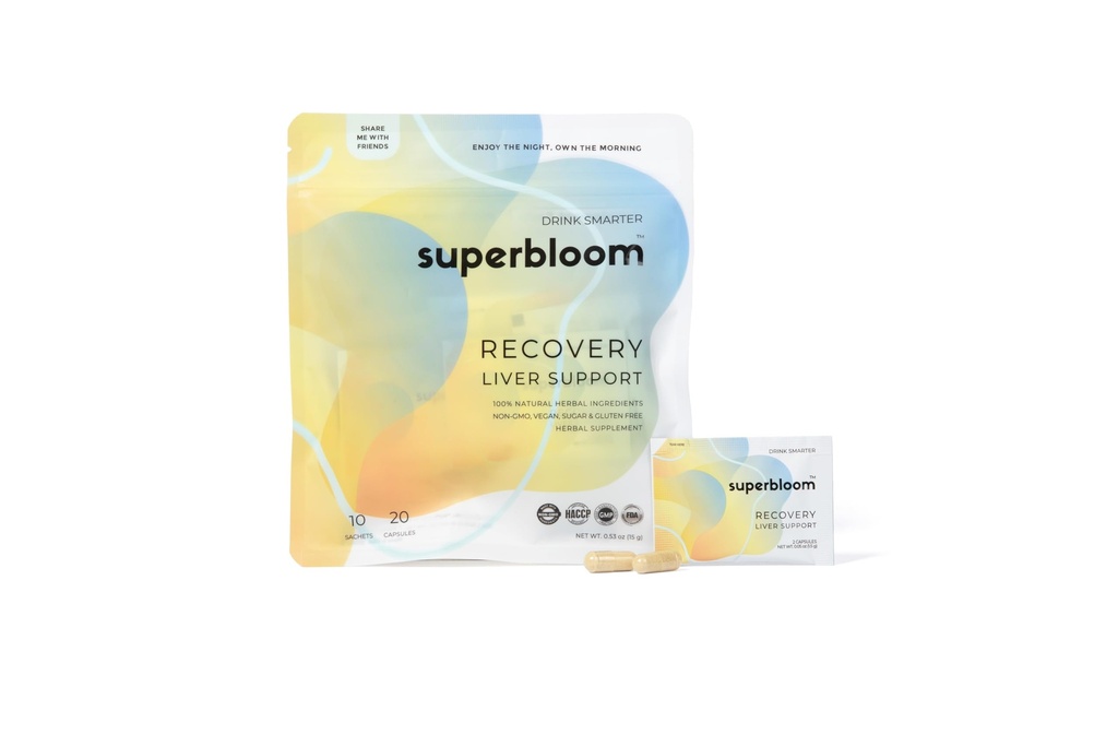 superbloom Recovery Játra Podpora 124; Játra Detox s DHM, Kurkuma, Mléko Thistle 124; 10 Sáčky, 20 Kapsle 124; Užijte si noc, Vlastní ráno
