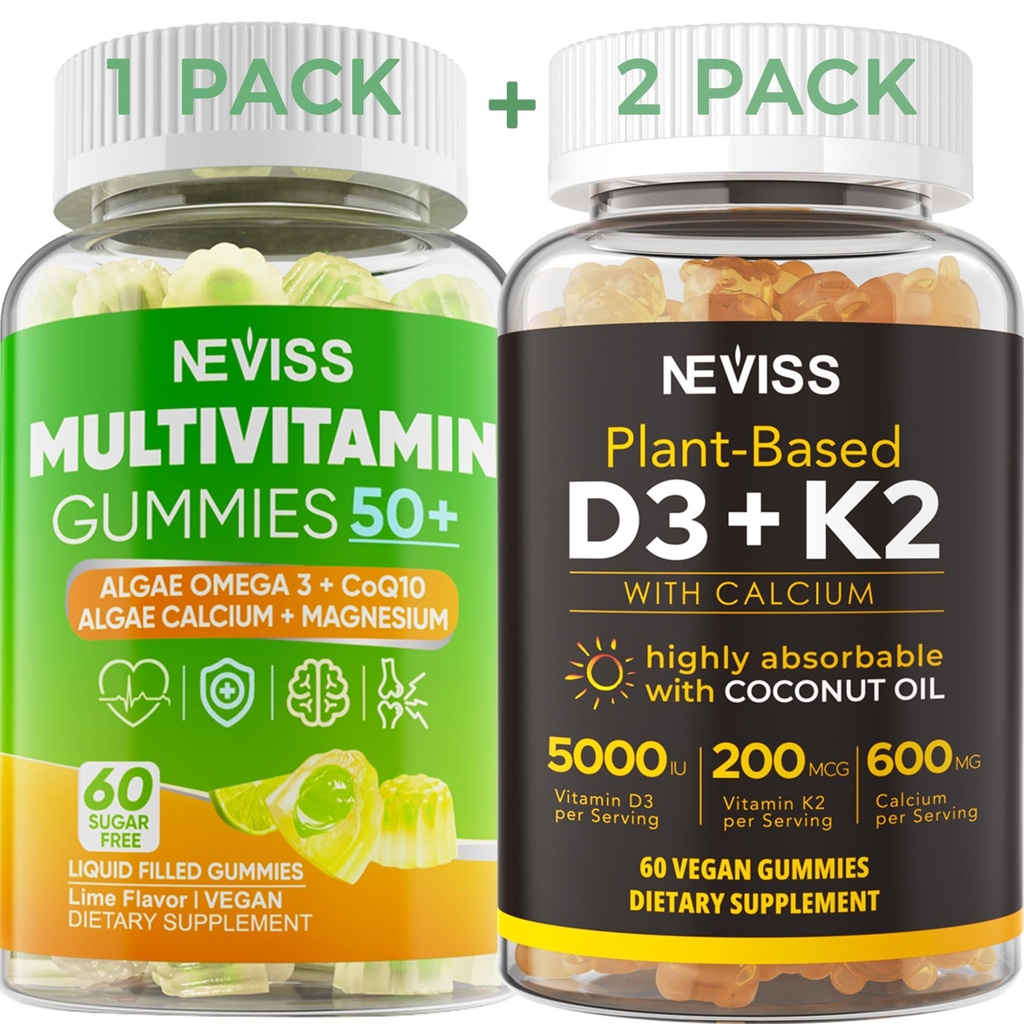 NEVISS 50 + denně Gumový Multivitamin Algae Omega 3 & vápník, CoQ10, hořčík + vitamín D3 5000IU Gummie 125mcg s vápníkem 600 mg, K2 (MK7) 200mcg