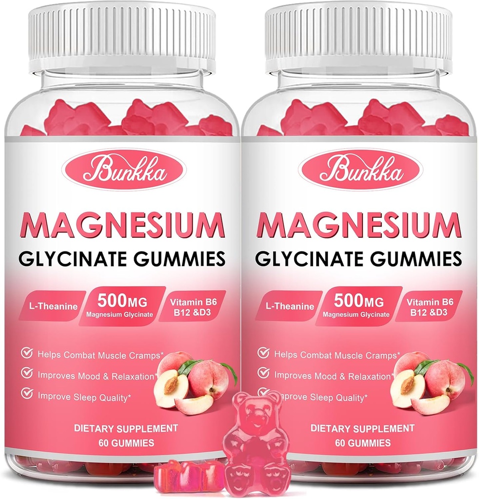 (2 Pack) Glycinát hořečnatý Gummies- Glycinát hořečnatý 500 mg, komplex hořečnatý s draslíkem, vitaminD, B6 pro klid, spánek a stres Relief- cukr zdarma, 120 Broskvové magnesium gumy