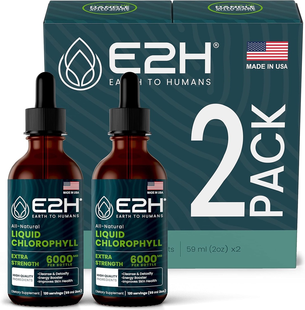 E2H Chlorofyl Liquid Drops - Energy Booster, Digestion, Imunitary System Support and Internal Deodorant - Vegan - Gluten Free - Non- GMO - (2 láhve)