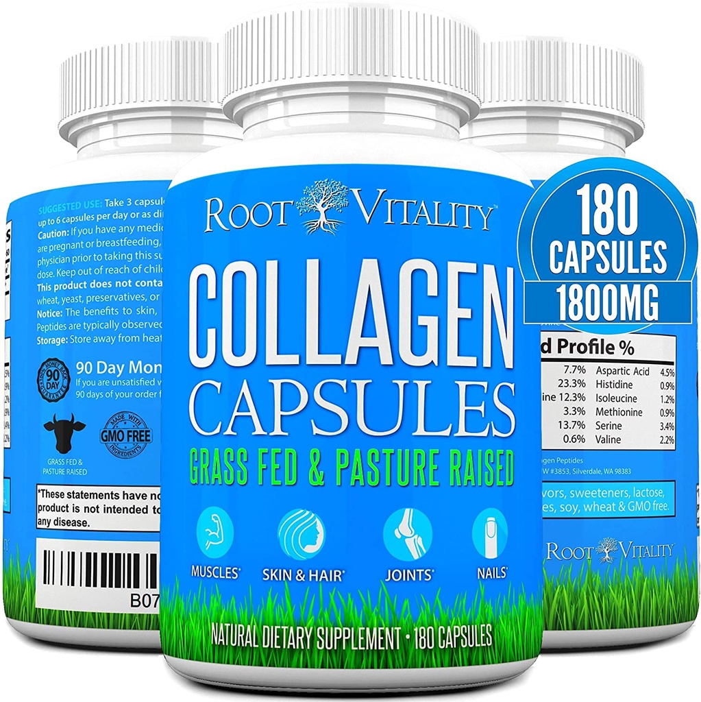 Root Vitality Kolagen Peptidy Kapsle - Grass- Fed, Pasture- Zvýšený hydrolyzovaný protein dodatek pro pleť, vlasy, a nehty - Non- GMO, Nulový cukr Denní pilulky pro muže a ženy (180 Kapsle)