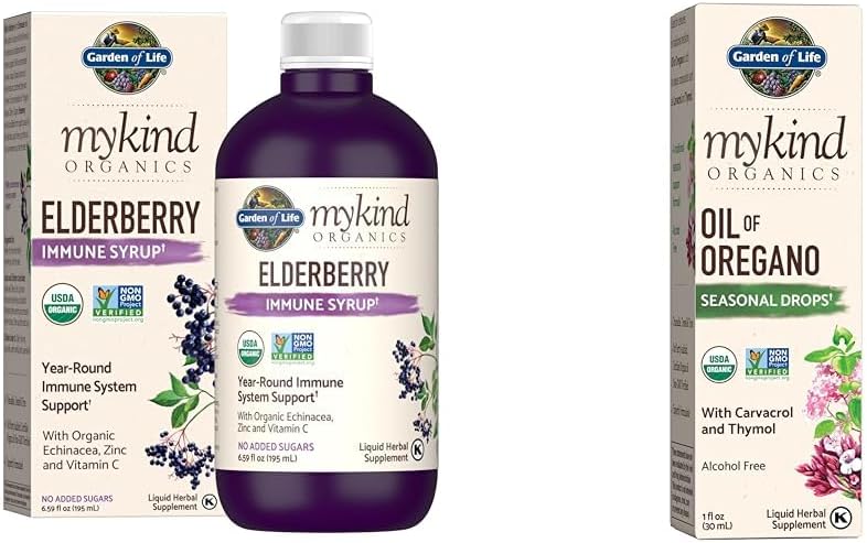 Garden of Life Organics Plant- Based Elderberry Imunitary Syrup 6.59 fl oz & Organics Oil of Oregano Seasonal Drops 1fl oz (30 ml) Liquid
