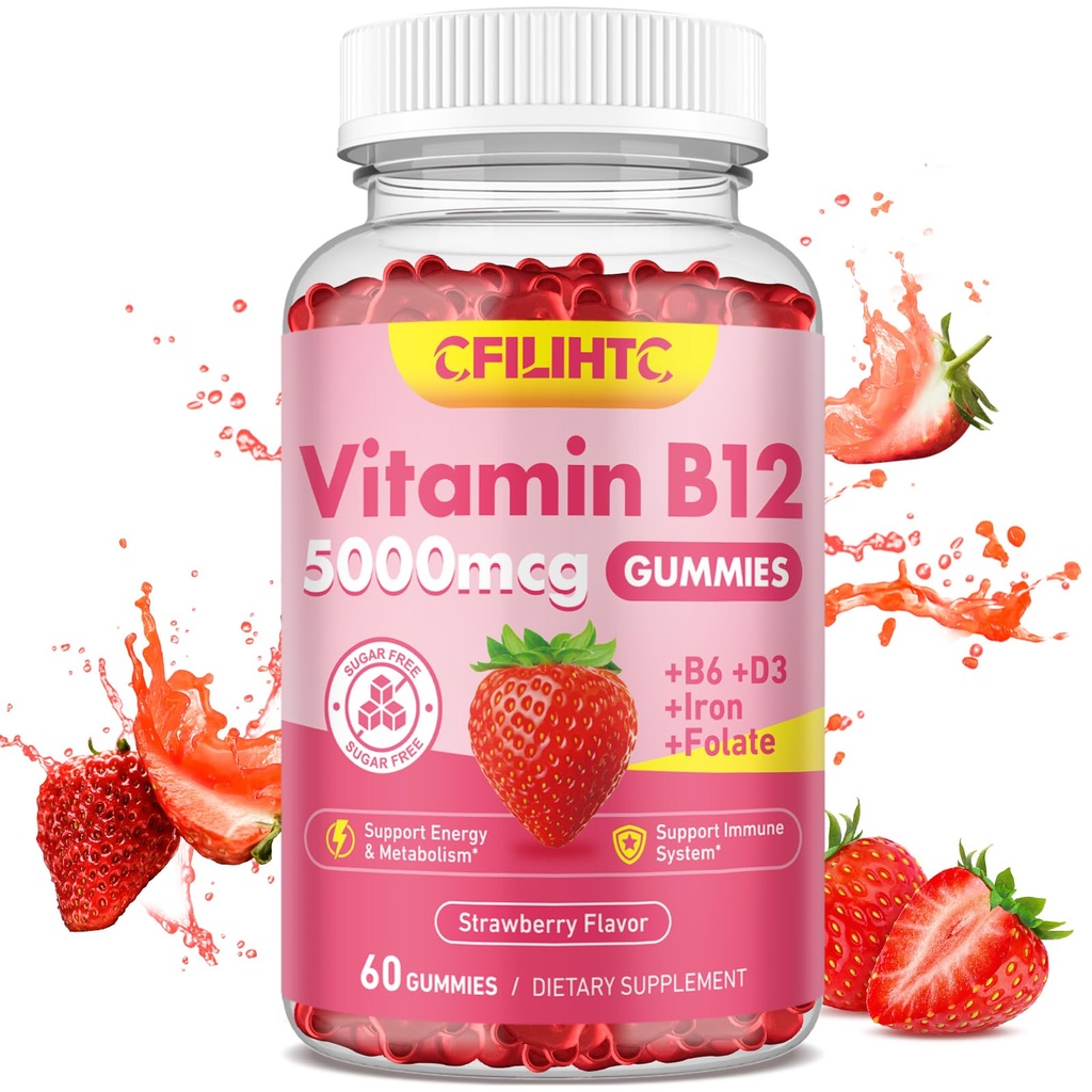 Vitamin B12 Gummies pro ženy a muže, 5000mcg Methyl B12 Gummies s vitaminem B6, D3, Železo, Folát pro dospělé, Podporuje Energy & Metabolismus Boost, Mood, imunitní a nervový systém, Bezcukrová jahoda