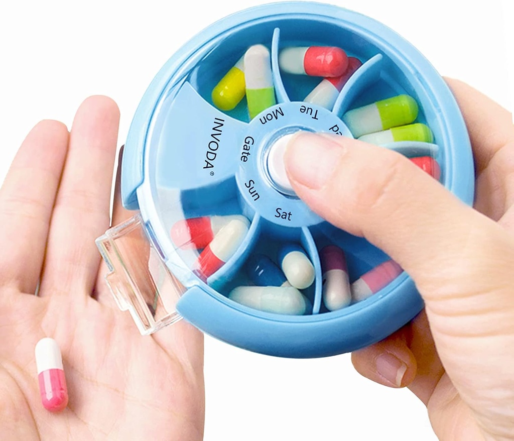 INVODA Weekly Pill Organizátor 7 Kompartment Rotating Pill Box for Daily Medication & Vitamíny - Přenosné cestovní Pill Pouzdro Rybí olejové doplňky Vitamíny Organizátor (Sky Blue)