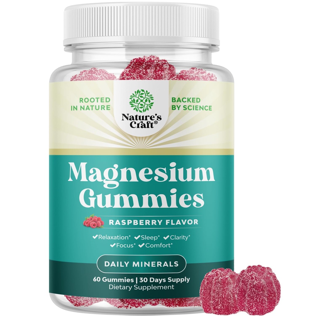 Extra síla klid Magnesium gumy pro dospělé - Relaxace hořčíku Citrátové gumy s Elemental Mag - Sleep Aid Soft Chews Malina Ochucené - Tělo & mysl Relaxace - 60 Počet