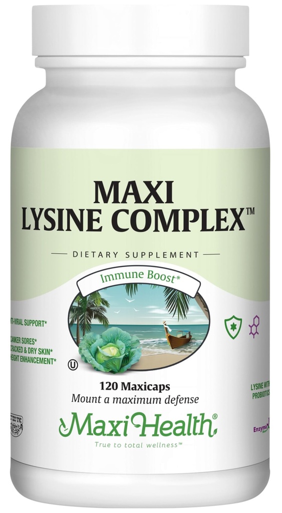 Maxi Health Lysinový komplex s probiotiky - L- Lysin 1000mg pro proteinové syntetické vředy a kůže - 60 Kapsle