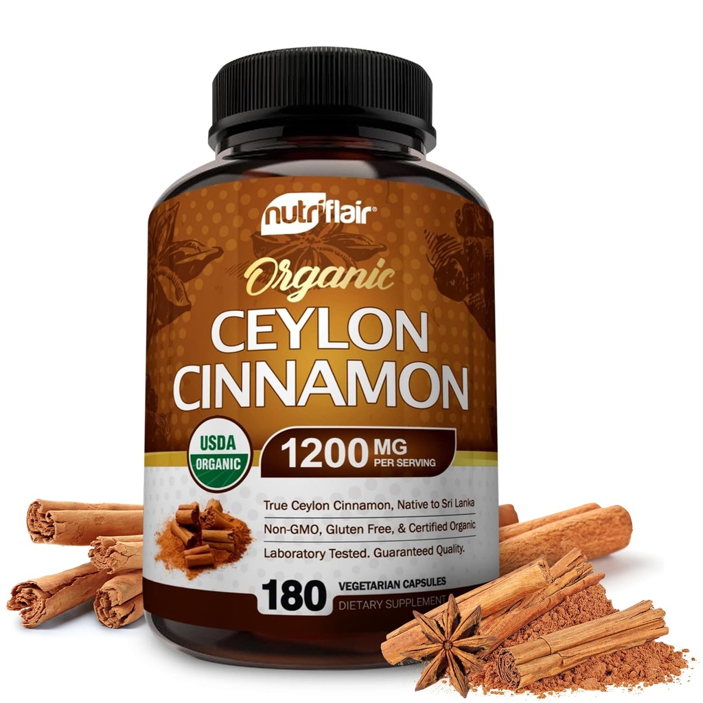 NutriFlair Organic Ceylon Skořice (100% Certified Organic Ceylon Skořice) 1200mg na Serving, 180 Kapsle - Sponky, Zánět, Antioxidant