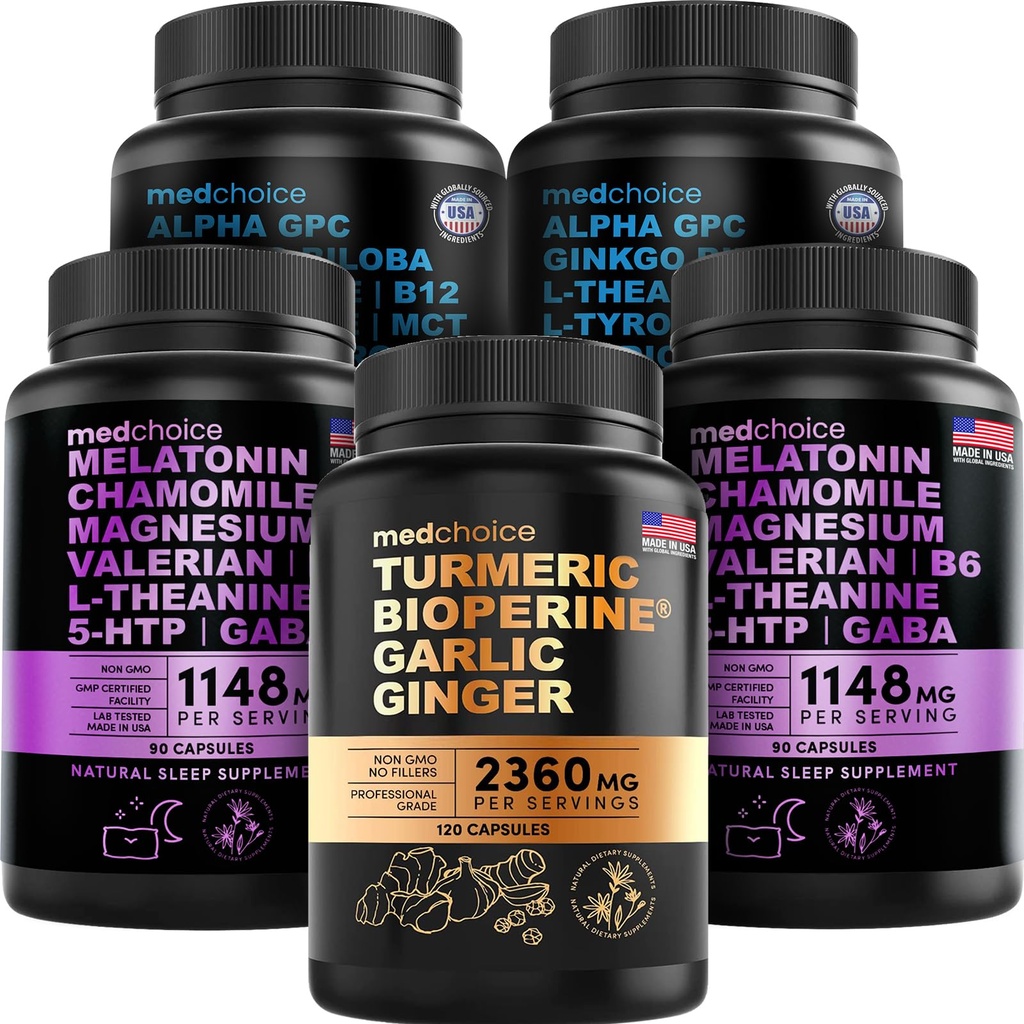MEDCHOICE Turmeric & Ginger (120ct), Sleep Melatonin (180ct), a Nootropní Brain (120ct) Doplněk Bundle - Wellness Trio pro mozek, spánek, a imunitní podpora - Vegan, Non- GMO, gluten- bez