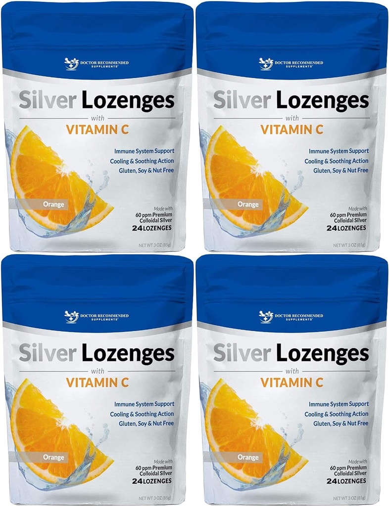 Stříbrné Lozengy s vitaminem C - Premium Nano Silver 60 PPM Koloidní stříbro, Organický med a vitamín C Minerální dodatek Kašel & Hrdlo - Balení 4