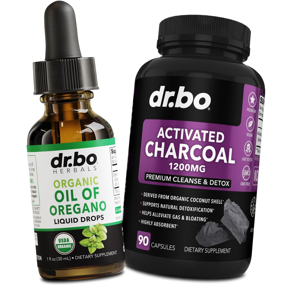Oregano Oil Organic Liquid Drops & Charcoal Kapsle - Oil of Oregano Drops Tincture Extract & Charcoal Pills for Stomach Gas Cleanse Detox Imunitation Support, Digestive Binder - Organic